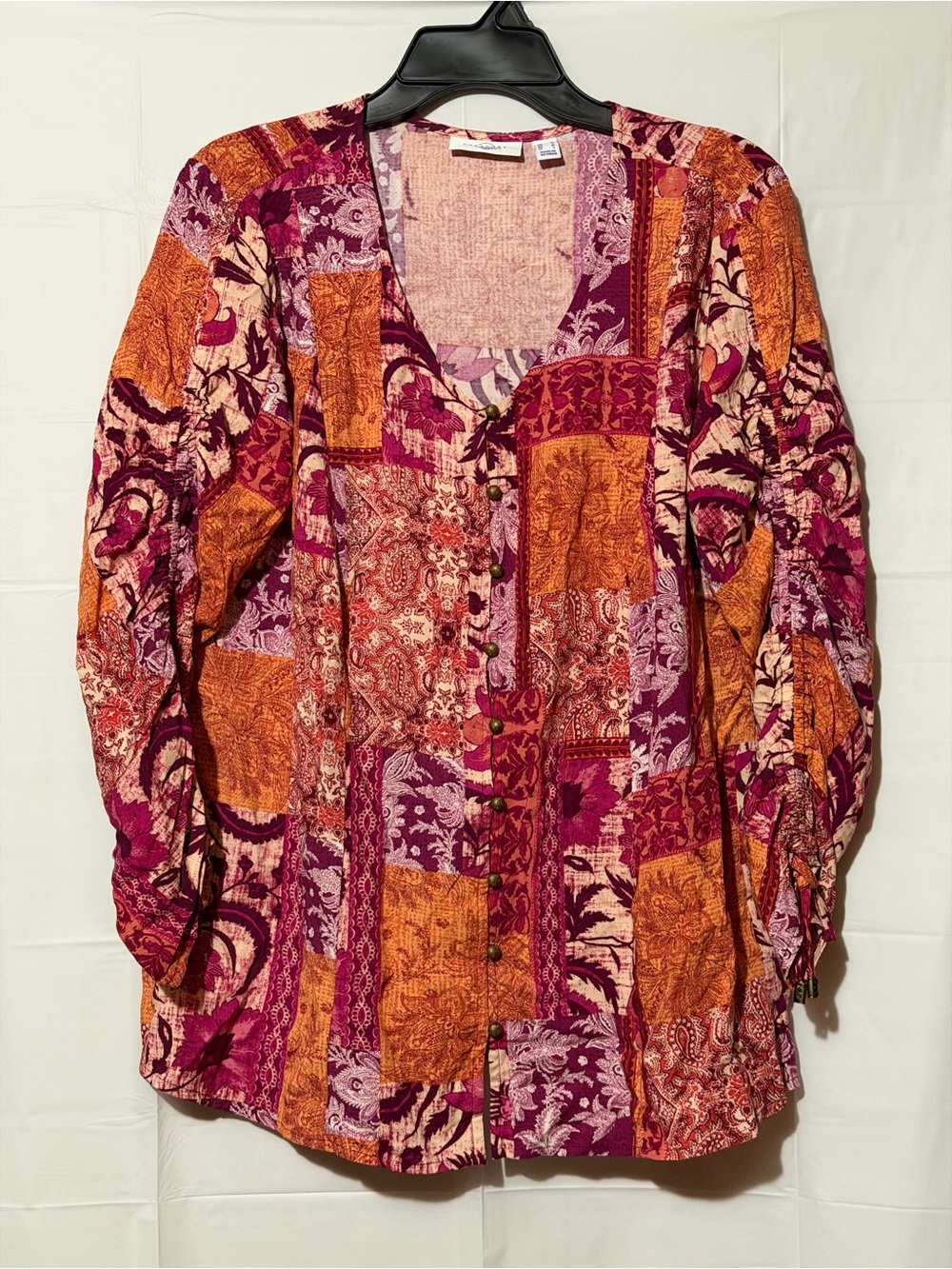 Susan Graver Patchwork Button-Front Top in Pink & Orange